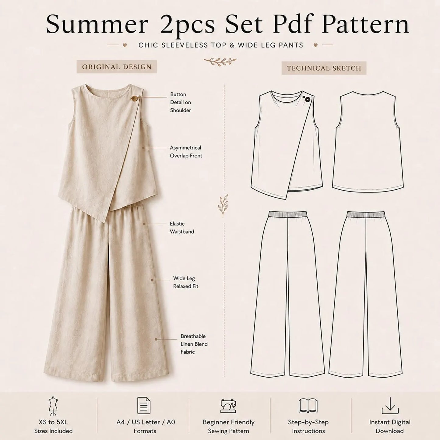 Luna Linen Set Sewing Pattern – Ruffled Peplum Top & Straight-Leg Trousers PDF