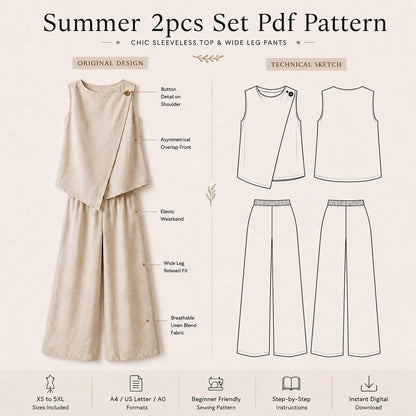 Luna Linen Set Sewing Pattern – Ruffled Peplum Top & Straight-Leg Trousers PDF