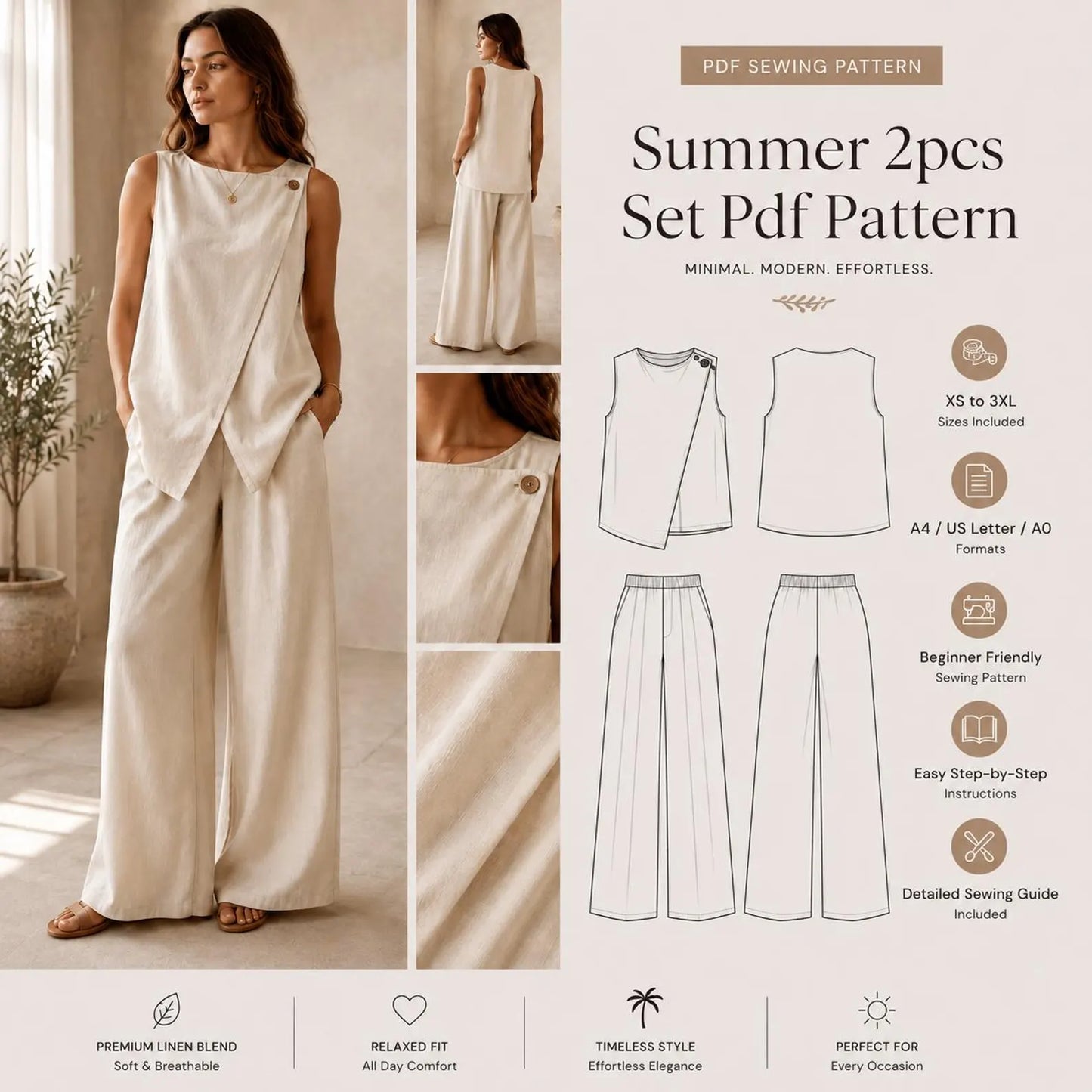 Luna Linen Set Sewing Pattern – Ruffled Peplum Top & Straight-Leg Trousers PDF