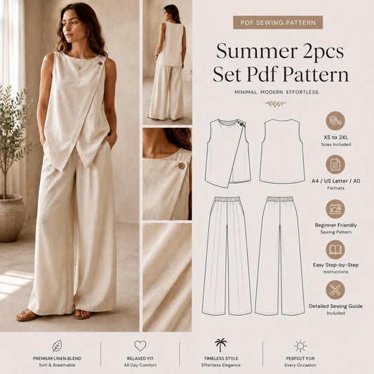 Luna Linen Set Sewing Pattern – Asymmetric Wrap Top & Straight-Leg Trousers PDF